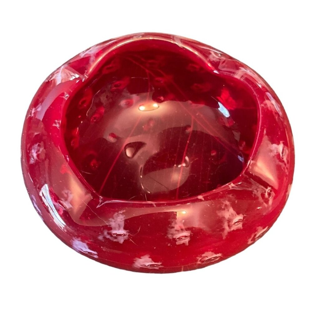 Red Multi Color Handcrafted Bullicante Glass Bowl With Textured Design Murano? R